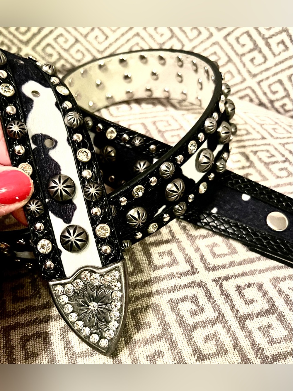 NEW Haute Hippie Black and White Studded Leather Belt with Crystal Buckle.